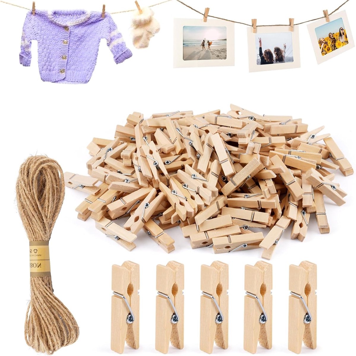 Houten Wasknijpers 150 Stuks van 3.5 cm met 10m Jute Touw voor Kleding, Foto's en Handwerk