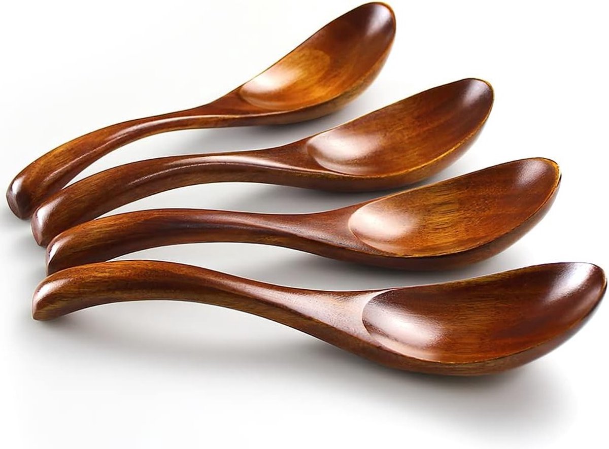 Handgemaakte houten lepelset van 4 stuks, Japanse stijl, kort handvat, ideaal voor kinderen, rijst en desserts, keukengerei voor maaltijden