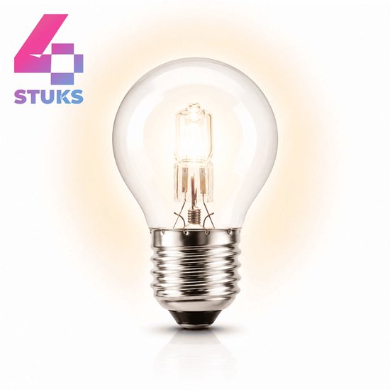 Duidelijke close-up van een gloeiende E27 halogeenlamp met '4 STUKS' logo.