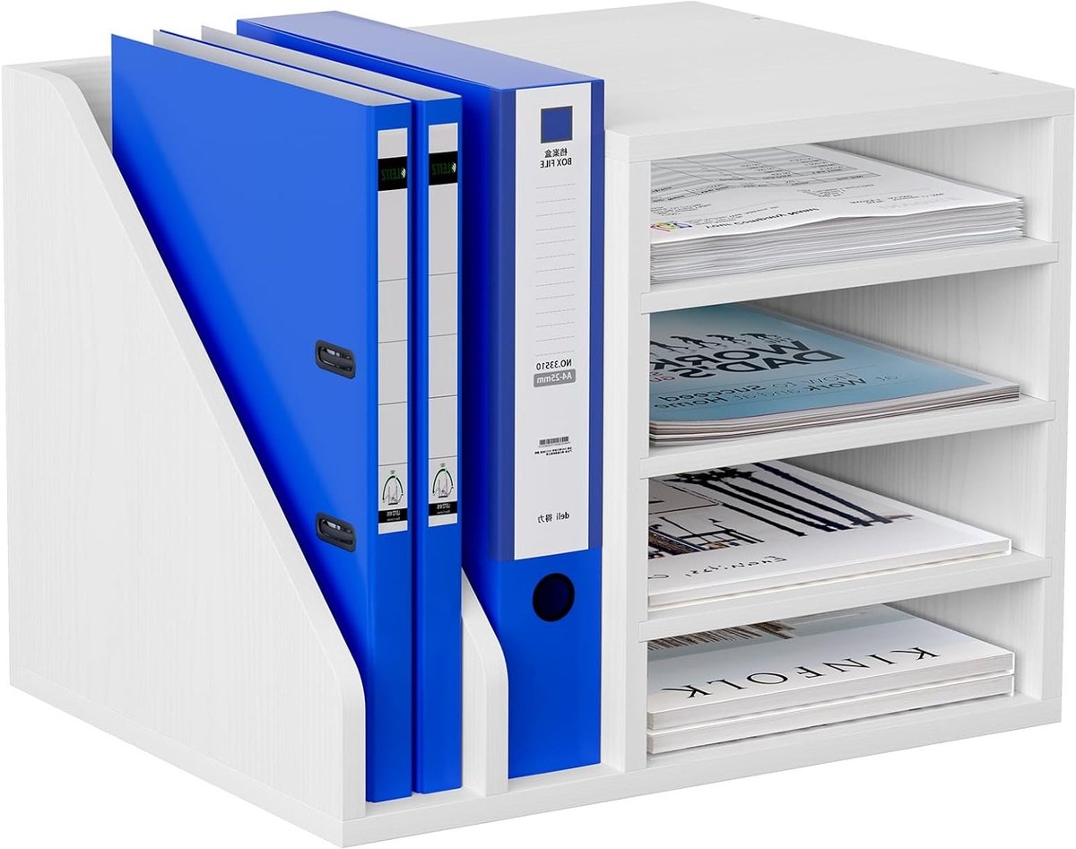 Houten Bureau Organizer met 4 Niveaus voor A4 Documenten, Tijdschriften en Kantoorbenodigdheden, Wit