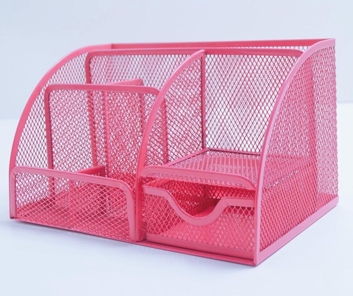 Multifunctionele Bureau Organizer met 6 Compartimenten voor Pennen, Kantoorbenodigdheden en Notities in Roze Metaal