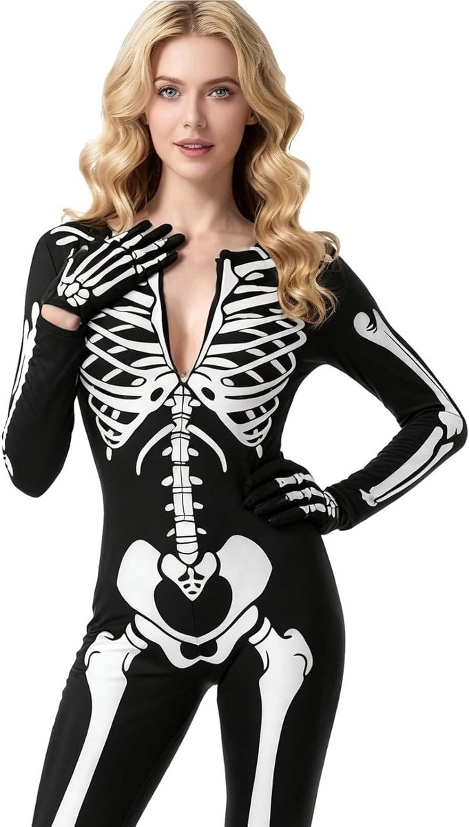 Dames Halloween Skelet Kostuum Overall Jumpsuit voor Carnaval, Cosplay en Verkleedfeesten