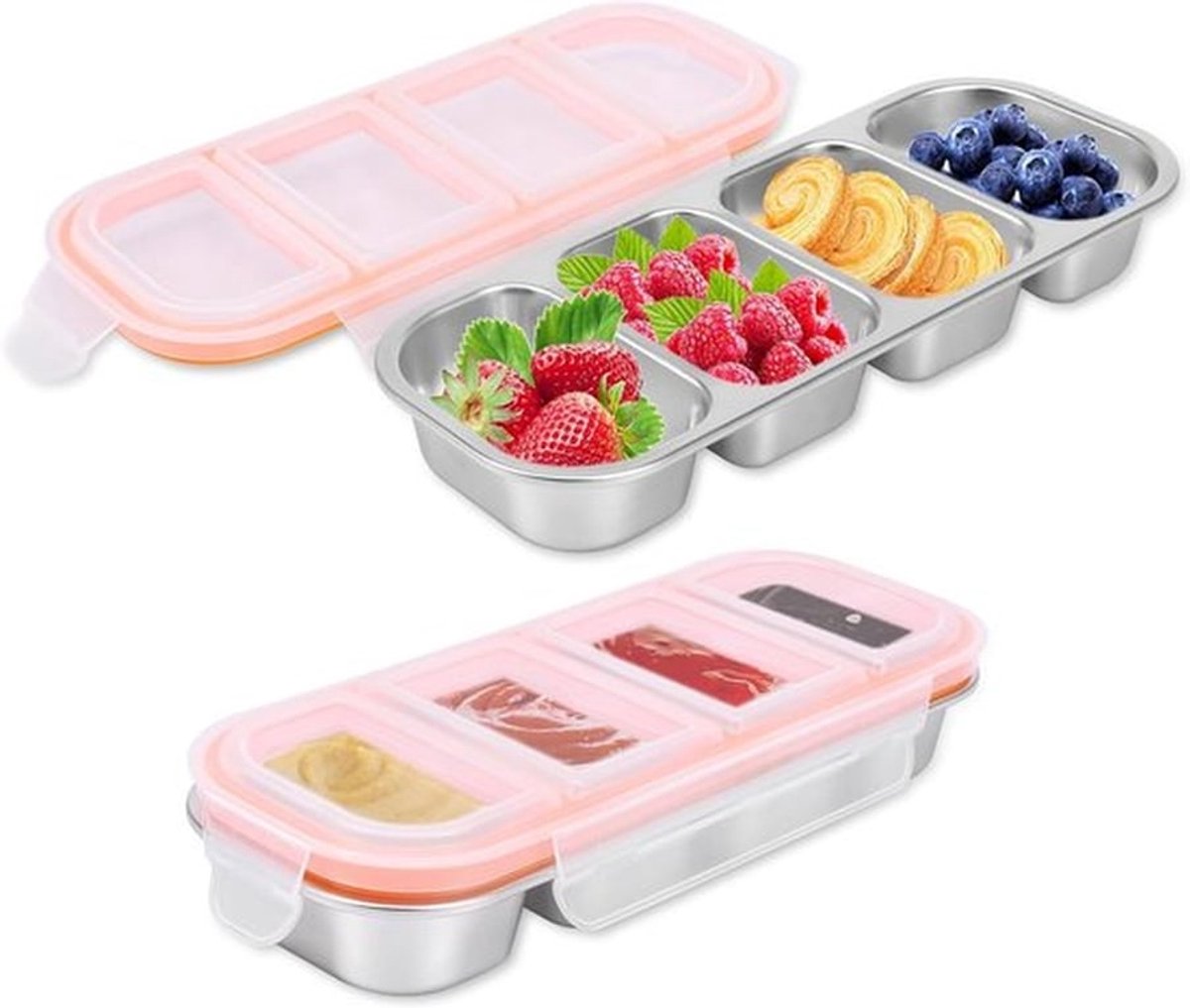 Broodtrommel 2 stuks - Snackbox RVS - Lunch Meenemen - Vier Vakken Lekvrij - 26.5 x 11 x 4 cm