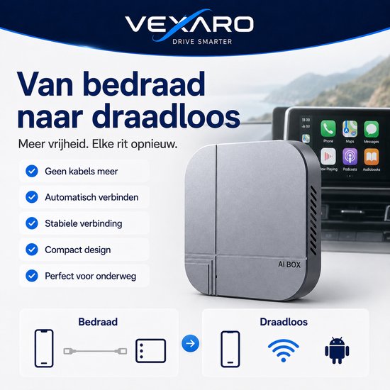 VEXARO AI Box 4GB + 32GB - Wireless CarPlay & Android Auto Adapter - Android 12 Multimedia Box - YouTube Netflix TikTok - USB-C - Voor auto’s met bedrade CarPlay/Android Auto — afbeelding 2