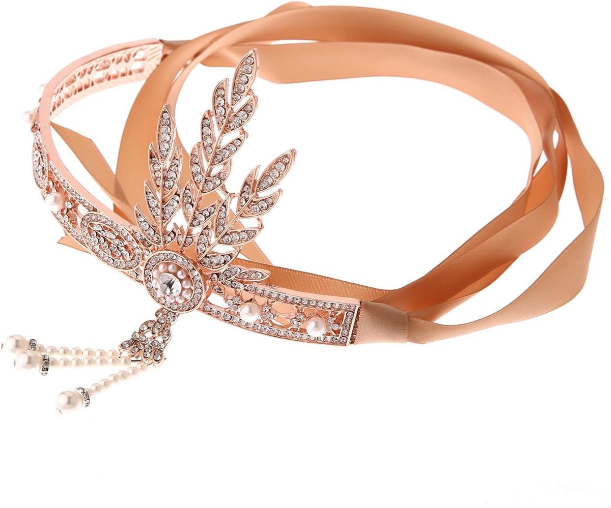 Elegante jaren '20 flapper haarband met strass, parels en veren voor feesten, bruiloften en kostuums