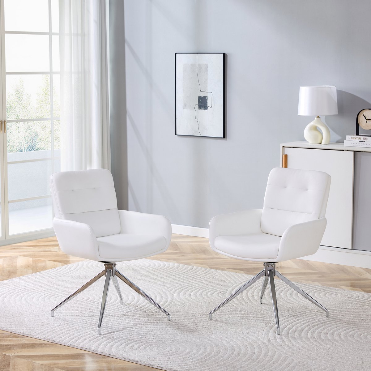 MIVRAY Eetkamerstoel Set Van 2 85 Cm - 360 Graden Draaibaar - Voor Eetkamer En Lounge - Metaal En Wit Kunstleer