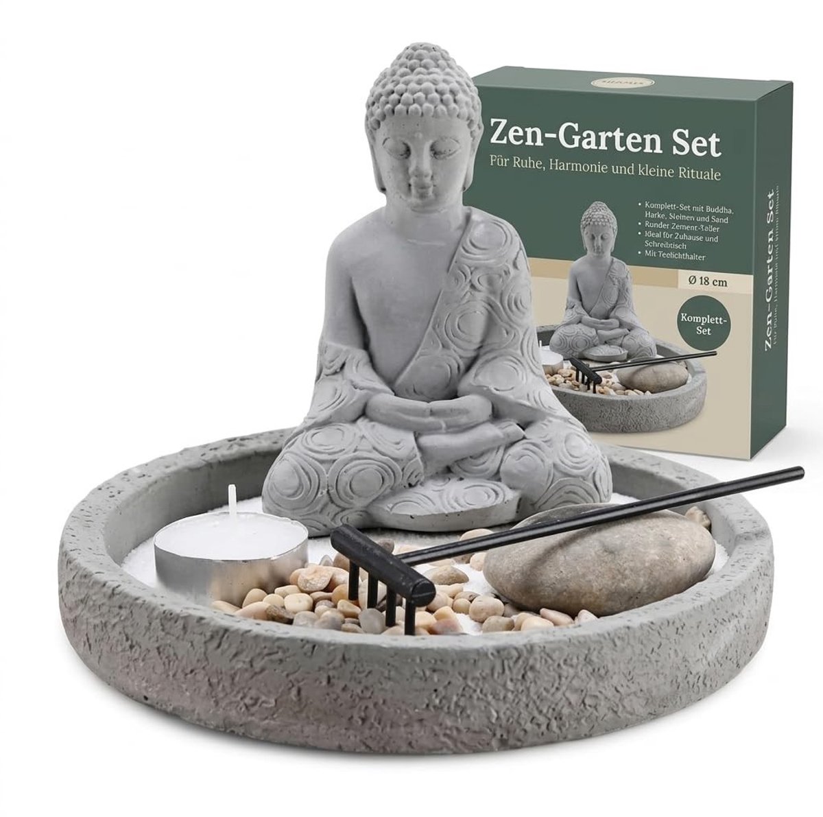 MIJOMA Zen Tuin Set met Boeddha, Theelichthouder & Decoratieve Steen - Spirituele Decoratie voor Innerlijke Rust