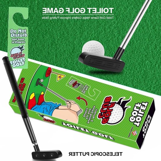 Dailygoods- Minigolfspel Grappig Toiletspel - Golfclub 64 cm - Kunstgras - Doelgat met Vlag - 2 Golfballen - Hoogwaardig Materiaal van Dailygoods — afbeelding 2