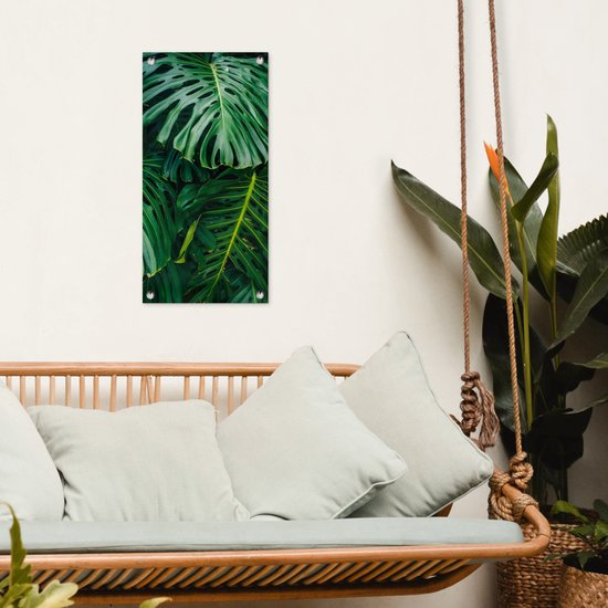 Tuinposter 30x60 cm - Tuindecoratie Donkergroene botanische bladeren in een tuin - Poster voor in de tuin - Buiten decoratie - Schutting tuinschilderij - Tuindoek muurdecoratie - Wanddecoratie balkondoek