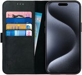 Rosso Deluxe Étui en Cuir véritable pour Apple iPhone 15 Pro Max | Espace pour trois cartes | Étui portefeuille | Avec porte-cartes | Noir