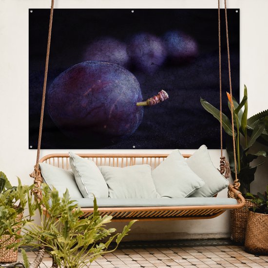 Mystérieuse photo de prunes violettes sur fond noir Affiche de jardin 180x120 cm - Toile de jardin / Toile d'extérieur / Peintures d'extérieur (décoration de jardin) XXL / Groot format!