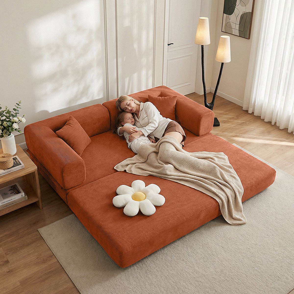 Pugsdrly - Converteerbare slaapbank - Met cilindervormig kussen - Gemaakt van corduroy - Opvouwbare matrasbank - Met vast frame - Vloerbank - Loungebank - Voor woonkamer, slaapkamer, lounge en studio - In oranjerood