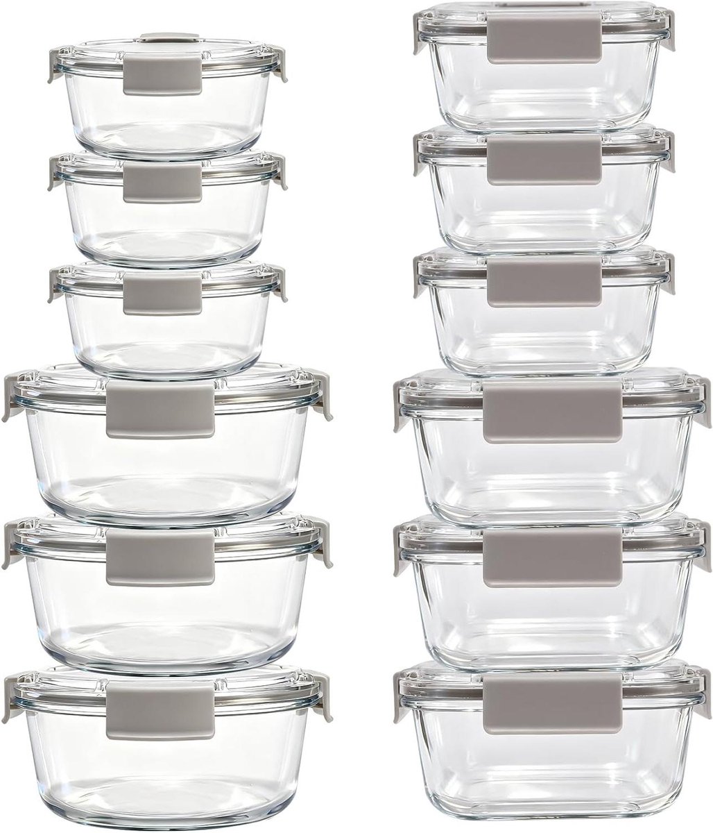 Glazen Voedselcontainers - Bewaardozen Deksel - Maaltijden Voorbereiden - Vriezer Magnetron Ovenbestendig - 12 Stuks - Doorzichtig