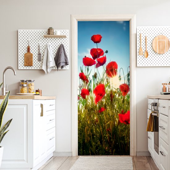 Sticker pour porte Coquelicots - Toscane - Soleil - Rouge - Blauw - 75x205 cm - Affiche de porte