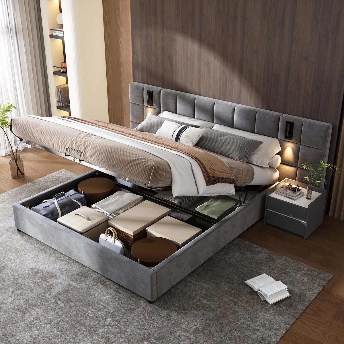 MODFU Opbergbed – 180x200 cm – Hydraulisch – Leeslamp & USB – Geruit – Fluweel – Grijs