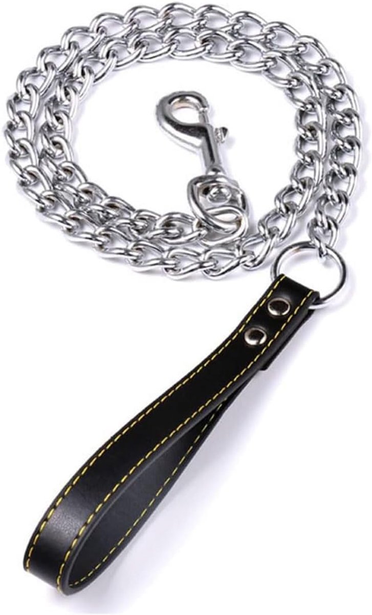 Hondenriem van metaal - Leer handvat - 3 mm × 180 cm - Kauwbestendig ketting voor grote, middelgrote en kleine honden