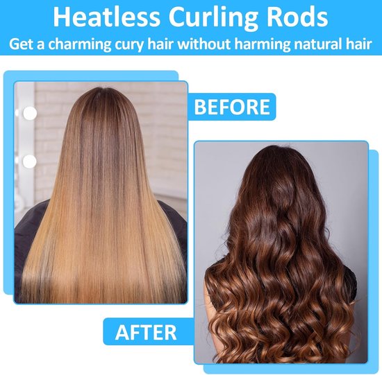 Voor en na foto van haarstyling. Lang blond haar wordt omgezet in mooie bruine krullen.