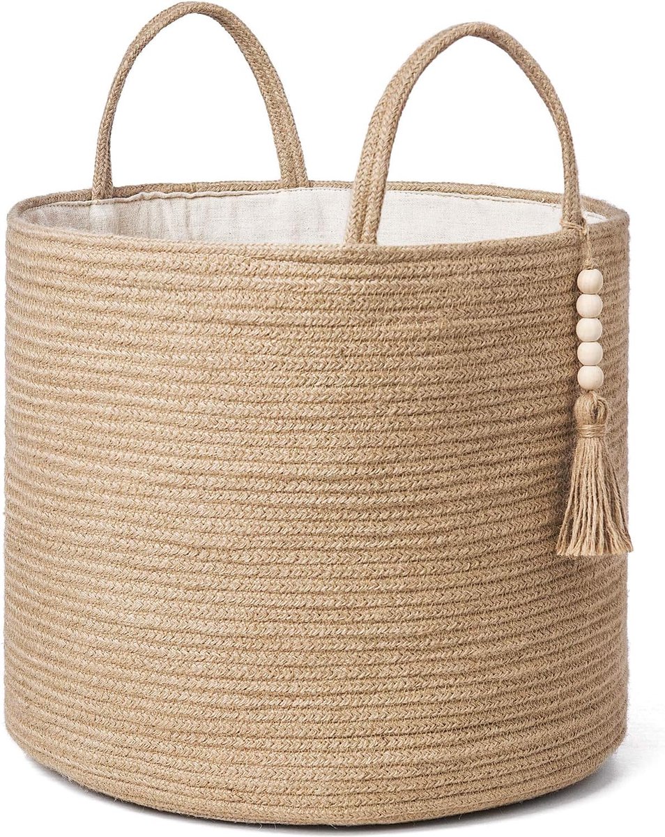 Woven Storage Basket - Decoratieve Natuurlijke Touw Mand - Houten Kralen Decoratie voor Dekens - Speelgoed - Kleding - Schoenen - Planten Organizer Tray met Handvatten voor Woonkamer - Thuisdecoratie - Jute
