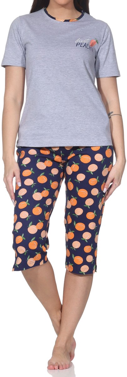 Normann dames capri shortama korte mouw Peachy design ook in grote maten grau-mel.