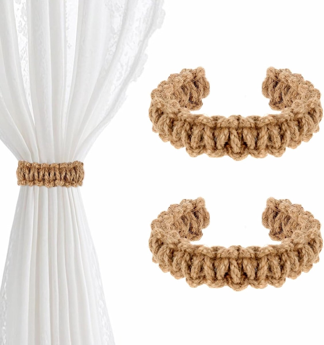 Boho Gordijnhouders Set van 2, Gevlochten Decoratieve Gordijnklemmen voor Woonkamer, Slaapkamer en Landelijke Interieurstijl, Lichtgewicht Gordijnen Accessoires