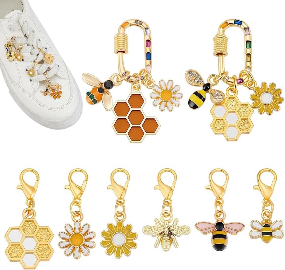 8 Stijlen Gele Schoen Charms met Bij, Honingraat en Zonnebloem voor Sneakers en Sandalen - Schattige Emaille Hangers met Sluitingen van 0,7 tot 1,2 Inch, Duurzaam en Decoratief