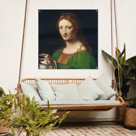 Tuinposter 100x100 cm - Tuindecoratie Maria Magdalena - Leonardo da Vinci - Poster voor in de tuin - Buiten decoratie - Schutting tuinschilderij - Tuindoek muurdecoratie - Wanddecoratie balkondoek