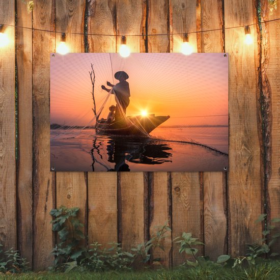 Affiche jardin - Toile Posters de jardin extérieur - Pêcheur au coucher du soleil - 120x80 cm - Jardin