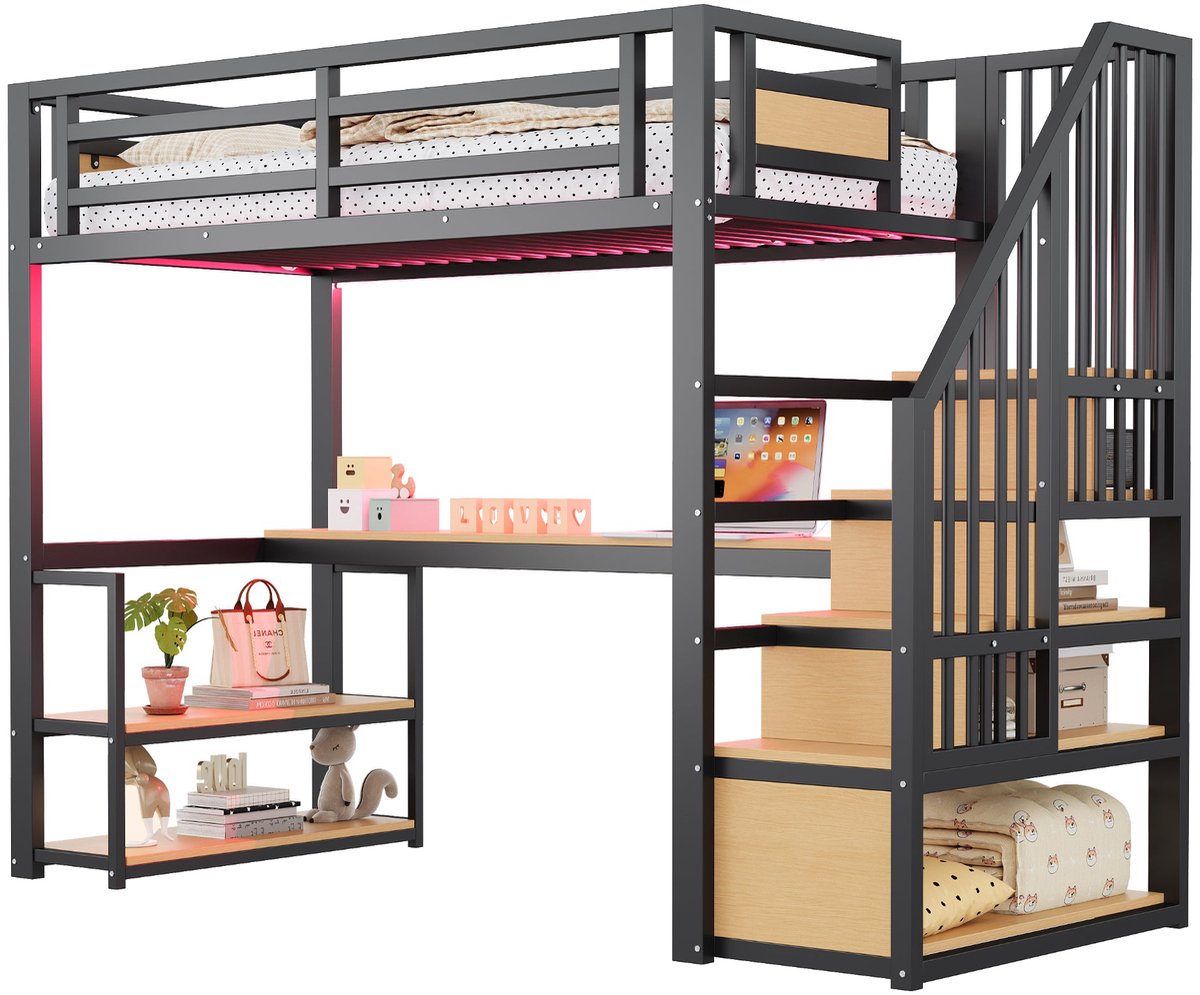 Merax Hoogslaper 90x200 - Metalen Bed met Opbergruimte - Bureau - LED Verlichting met Afstandsbediening - Trap met Kast - Zwart