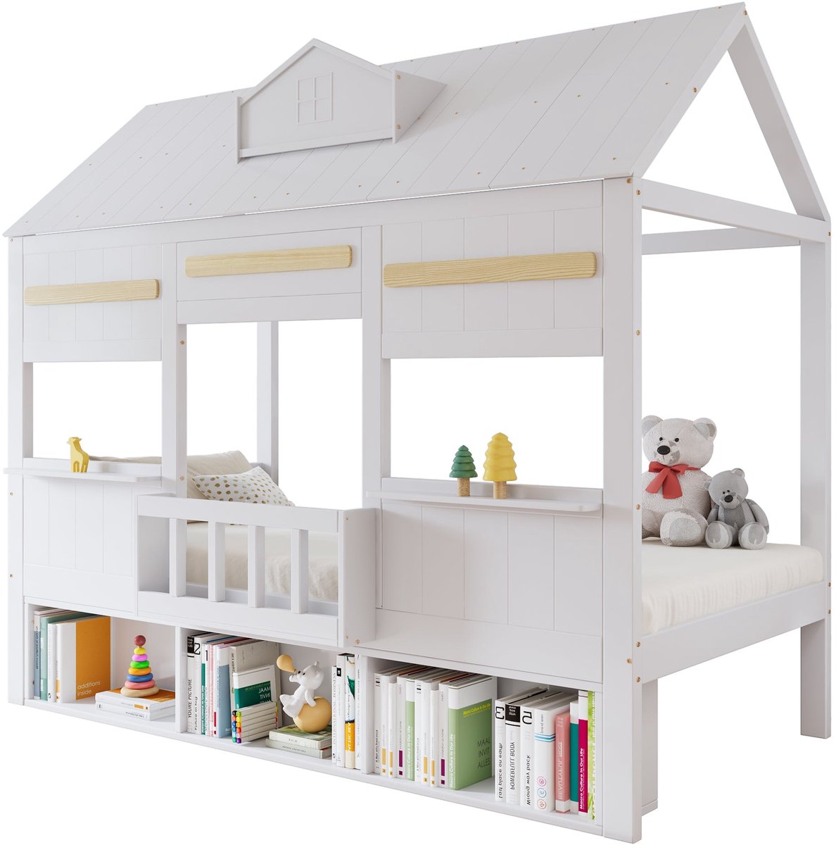 Merax Kinderbed 90x200 - Bed in Huisvorm - Kinderbed met Boekenkast - Houten Lattenbodem - Wit