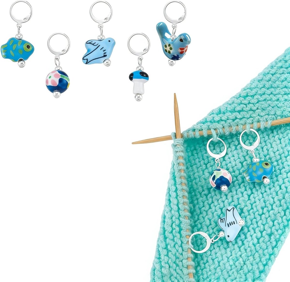 5 Stuks Porseleinen Steekmarkeerders in Blauw, Lockable Haak- en Breiaccessoires voor Quilten en Sieraadmaken