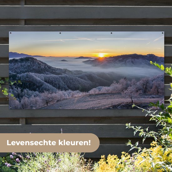 Tableau jardin d'hiver - Montagnes - Affiche jardin - Toile jardin - Hiver - Soleil - Soir - Décoration de jardin - 200x100 cm