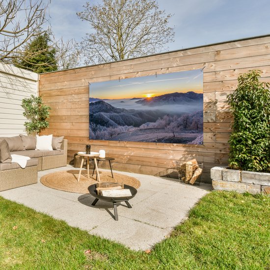 Tableau jardin d'hiver - Montagnes - Affiche jardin - Toile jardin - Hiver - Soleil - Soir - Décoration de jardin - 200x100 cm