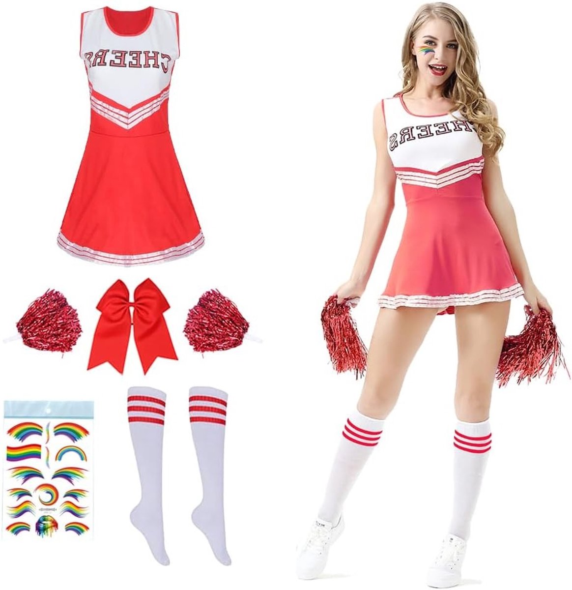 Volwassen Cheerleader Kostuum voor Feestjes, Cosplay en Themafeesten met Pompoms en Cheerleading Outfit