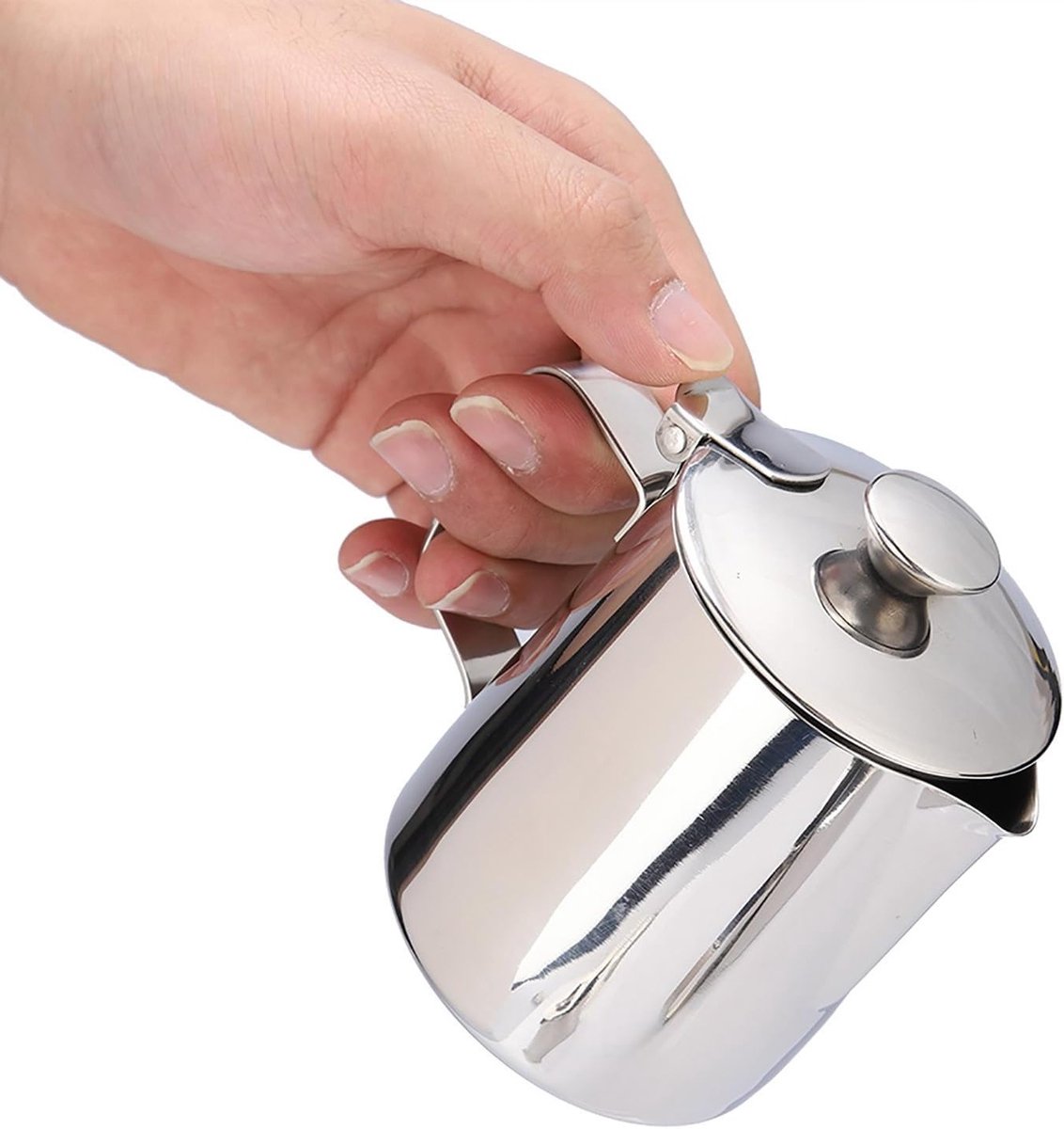 RVS Melkopschuimer met Deksel en Tuit voor Cappuccino, Latte en Koffie Kunst (350ml)