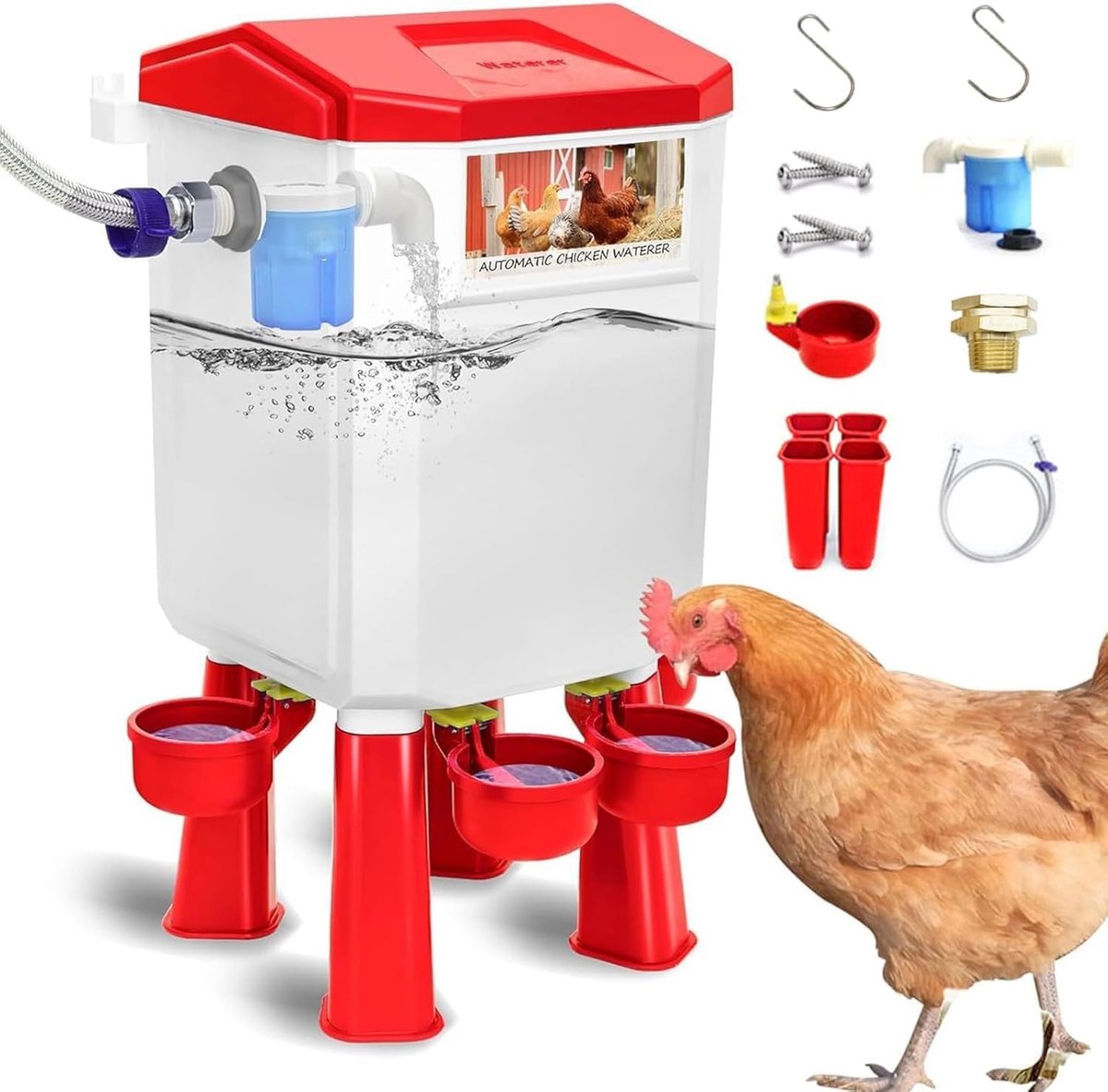 Drinker - 7 Liter - Automatisch en Innovatief 4 Drinkers - Inclusief Ophangset en Poten - Rood