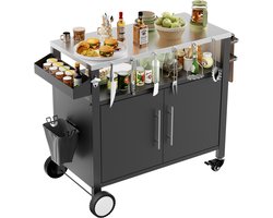 Grillwagen – buitengrill met 2 deuren opbergruimte haken en kruidenrek – rolbare BBQ wagen – metaal – zwart Grillwagen – buitengrill met 2 deuren opbergruimte haken en kruidenrek – rolbare BBQ wagen – metaal – zwart