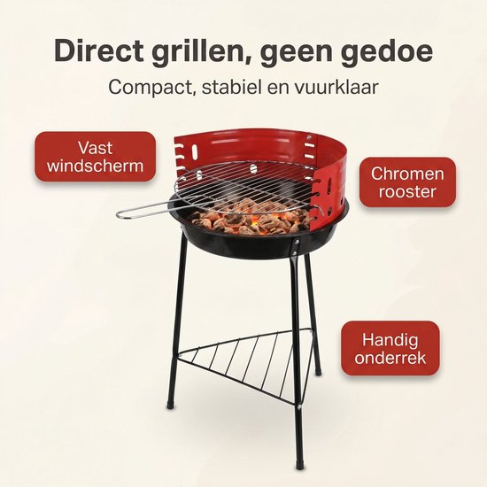 Cheqo® Houtskoolbarbecue op Poten - Staande Barbecue met Windscherm en Chromen Grillrooster - Houtskoolgrill - Halfopen BBQ voor Tuin en Balkon - Houtskool Grill - Camping Barbecue - Tuinbarbecue - Kolen BBQ - met Onderrek - Zwart van Cheqo — afbeelding 3