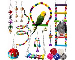 15-Delige Papegaai Speelgoed Set - Vogelkooi Vogel Speelgoed Set - Vogelladders - Papegaai Speelset - Vogelschommel - Ladder - Bal met bel - Parkieten Speelgoed - Houten Hangbel - voor Kleine Papegaaien, Valkparkieten en Lovebirds
