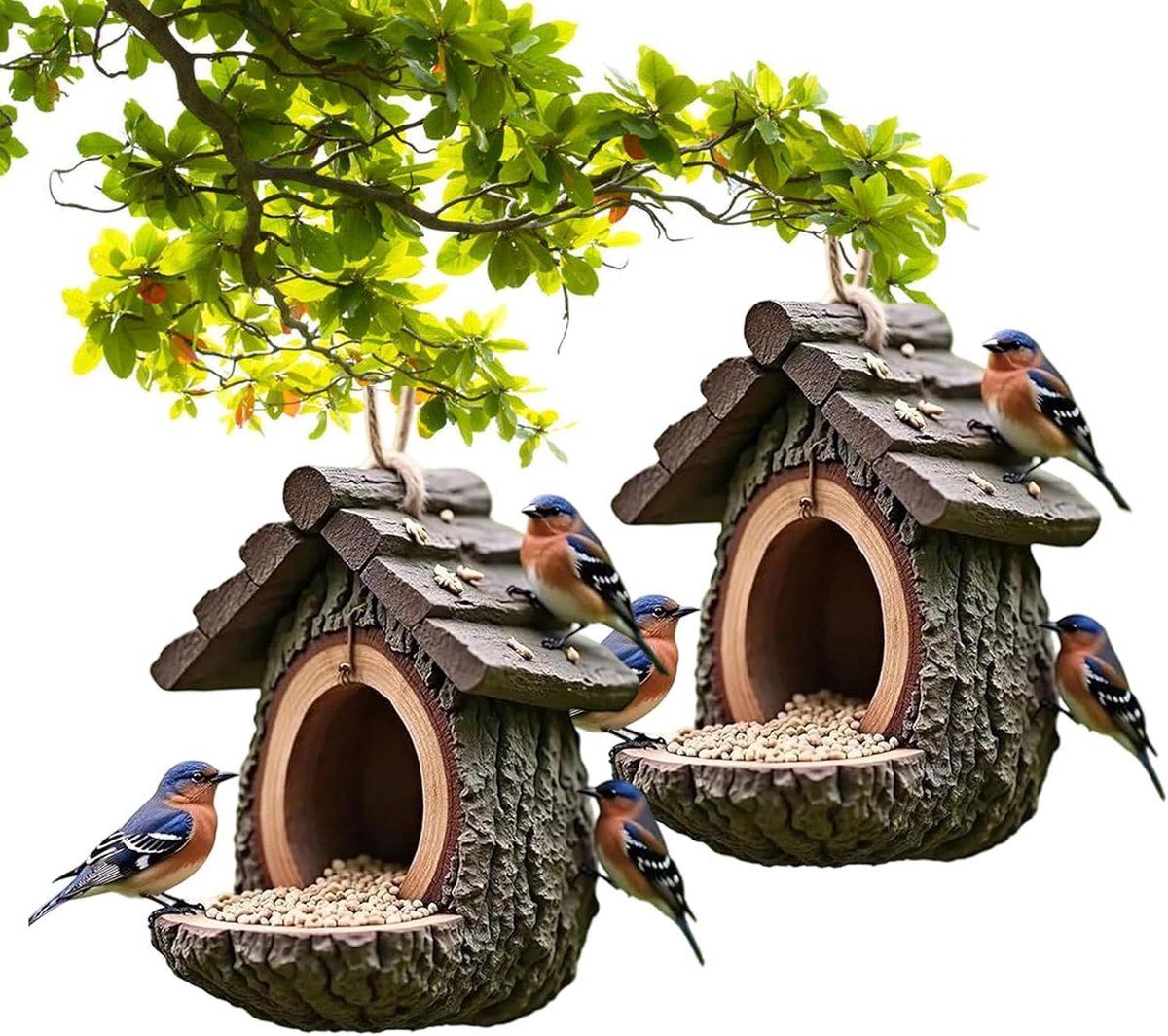 Voederplekken - 2 Stuks Retro Boomhut Vogelvoederhuisje - Voor Bloempotten, Vogelvoeder & Windgongen - Ophangbaar Buiten Vogelvoederhuis met Huisvorm Open Ontwerp van Hars - 11.5x12x9.8cm