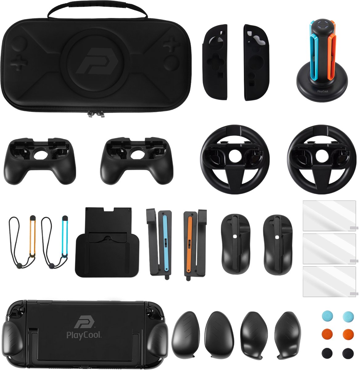 PlayCool 23-in-1 Accessoirebundel voor Nintendo Switch 2 – Beschermhoes, Screenprotectors, Thumb Grips, Joy-Con Siliconen Covers, Stuurset, Controller Grips, Oplaadstation, Playstand & Game Muisset