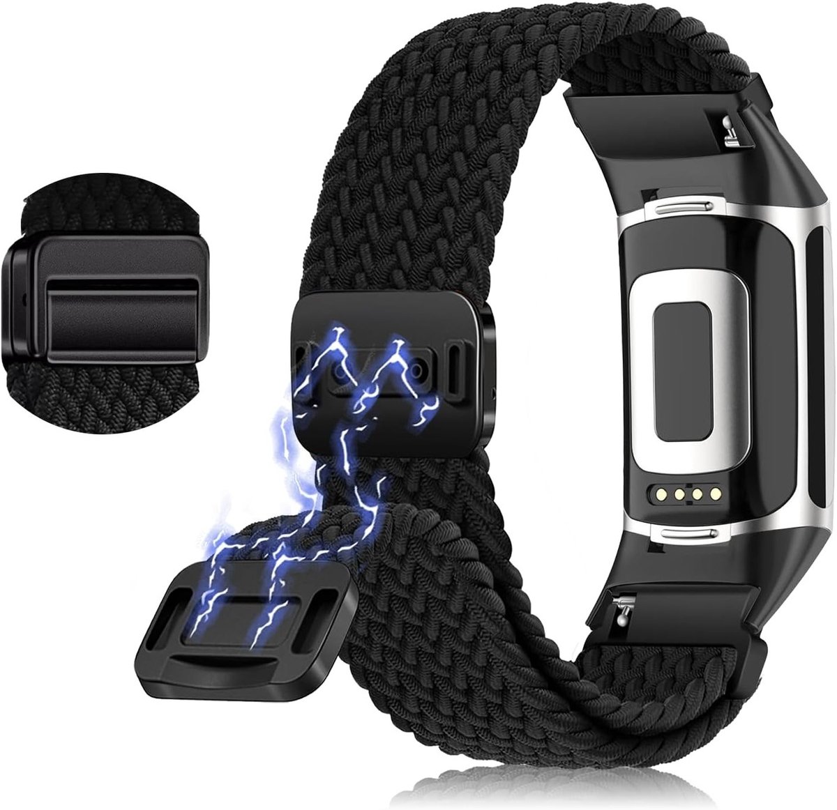 Nylon Gevlochten Band voor Fitbit Charge 6 en Charge 5, Zacht en Ademend, Verstelbare Magnetische Armband in Zwart, Modern Design voor Comfort en Stijl