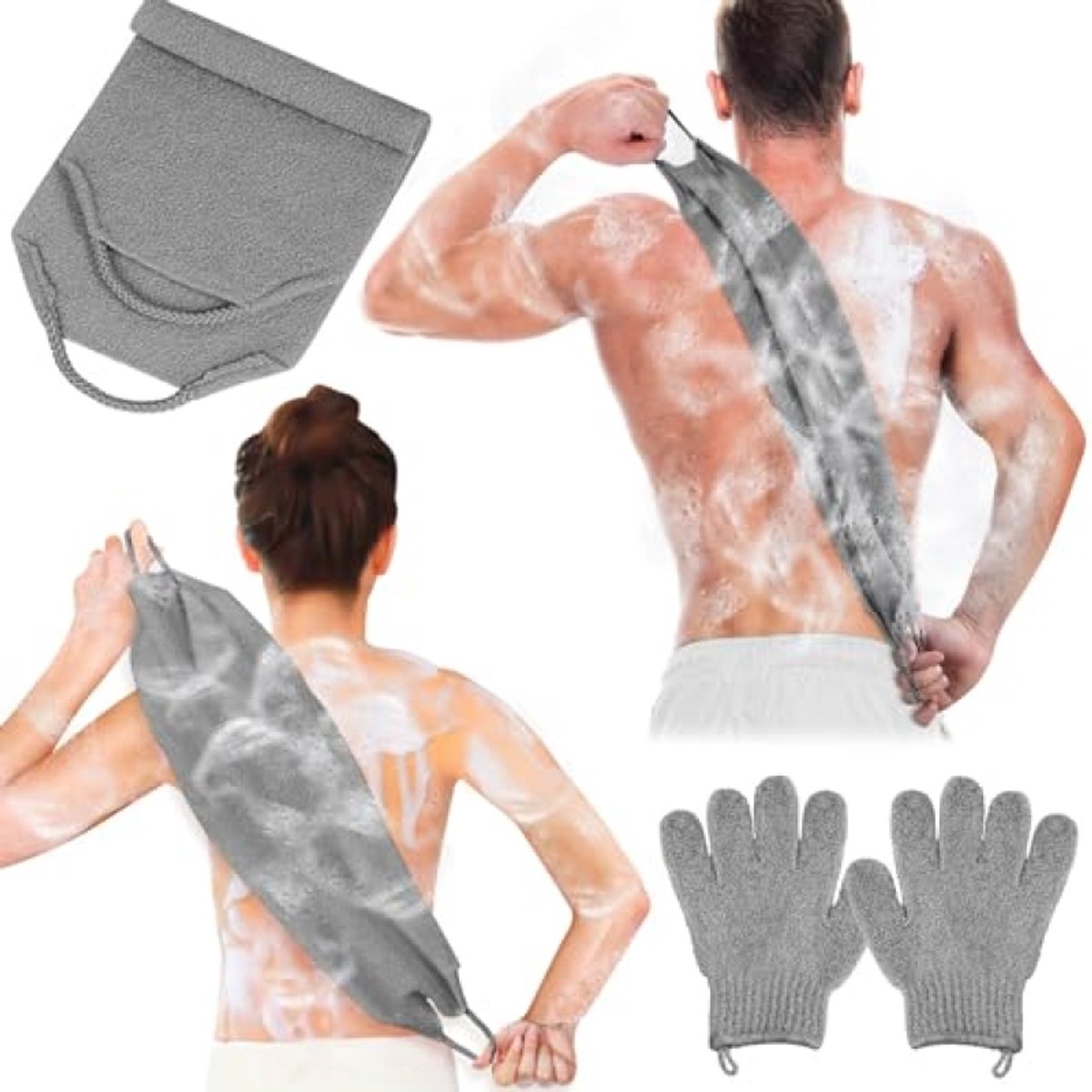 Exfoliërende rugscrubber met badhandschoenen en douchehanddoek - set van 3 - grijs