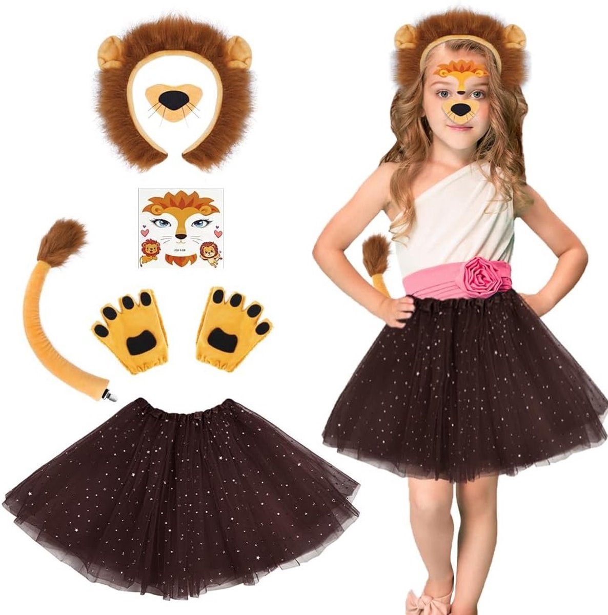 Complete Leeuwenkostuum Set voor Kinderen - 7-delige Dierenoutfit met Tutu Rok, Oren, Hoofdband, Handschoenen en Staart voor Carnaval, Halloween en Cosplay Feesten