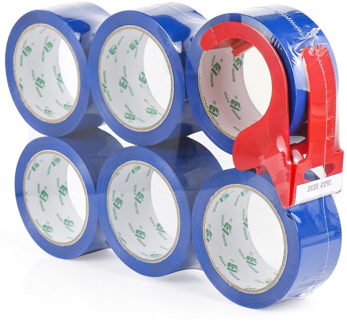 6 Rollen Verpakkingstape 48mm x 66m, Blauwe Hechtband voor Verhuizen, Verzenddozen en Beveiliging, Sterke en Duurzame Tape met Dispenser