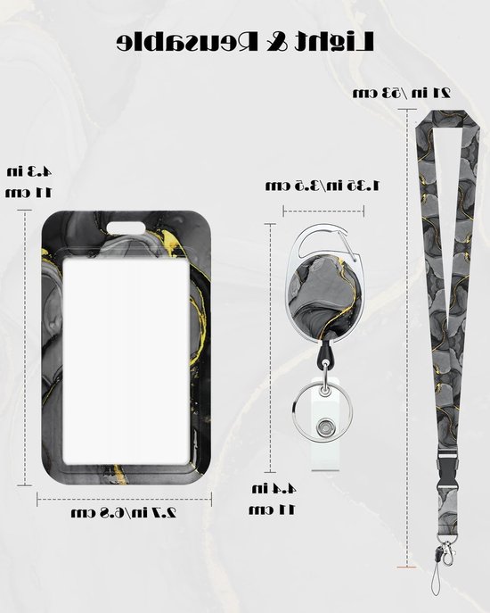 Marmer Design Badgehouder met Retractable Reel en Afneembare Lanyard voor Kantoorwerkers - Zwartgrijs Kaartbeschermer met Carabiner — afbeelding 2