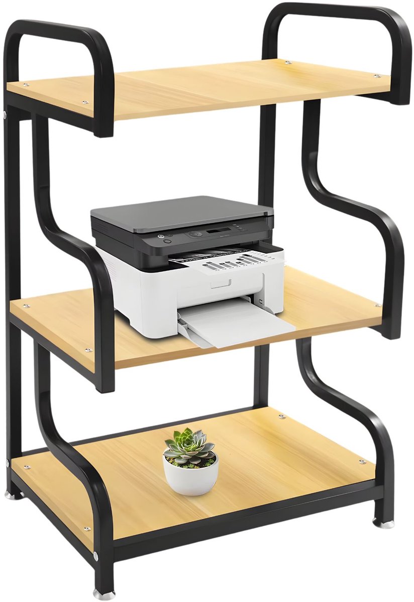 Happiq Printertafel – Voor thuiskantoor – 3-laags met opbergplank, draagt tot 20 kg per plank – Zwart Black + wood color
