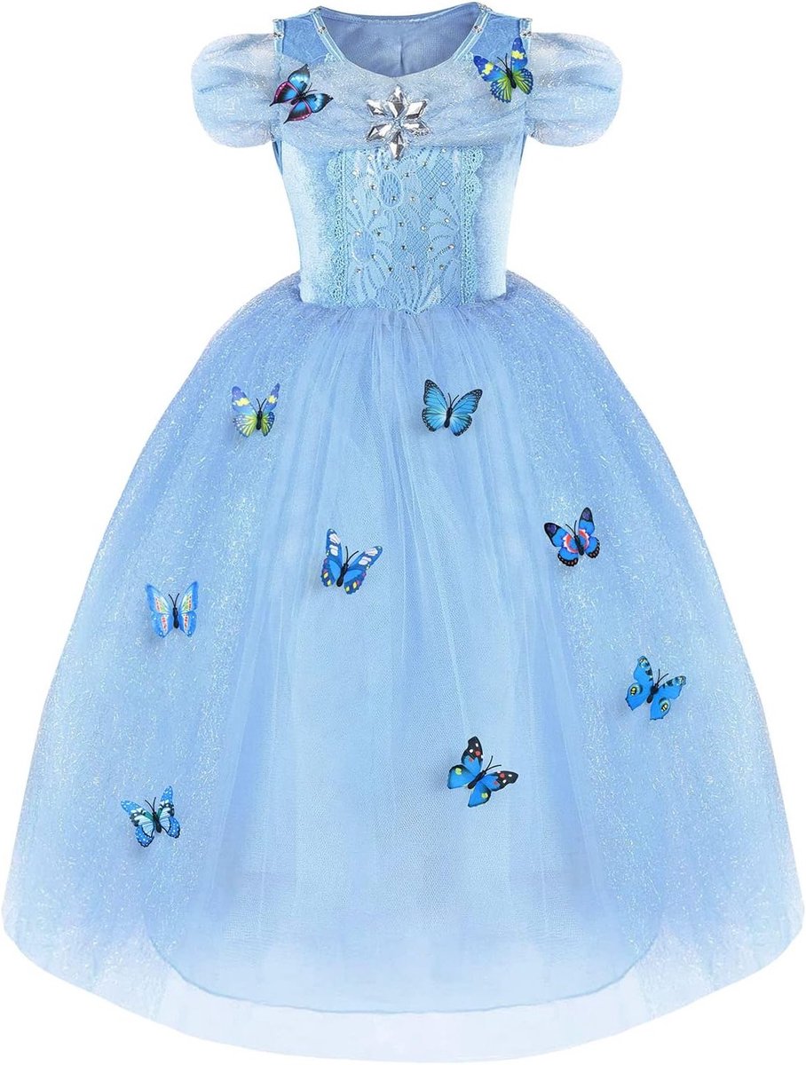 Cinderella Jurk voor Meisjes, Prinsessen Kostuum met Vlinders, Blauwe Dansjurk voor Feesten, Bruiloften en Prom, Geschikt voor 3-8 Jaar Oud