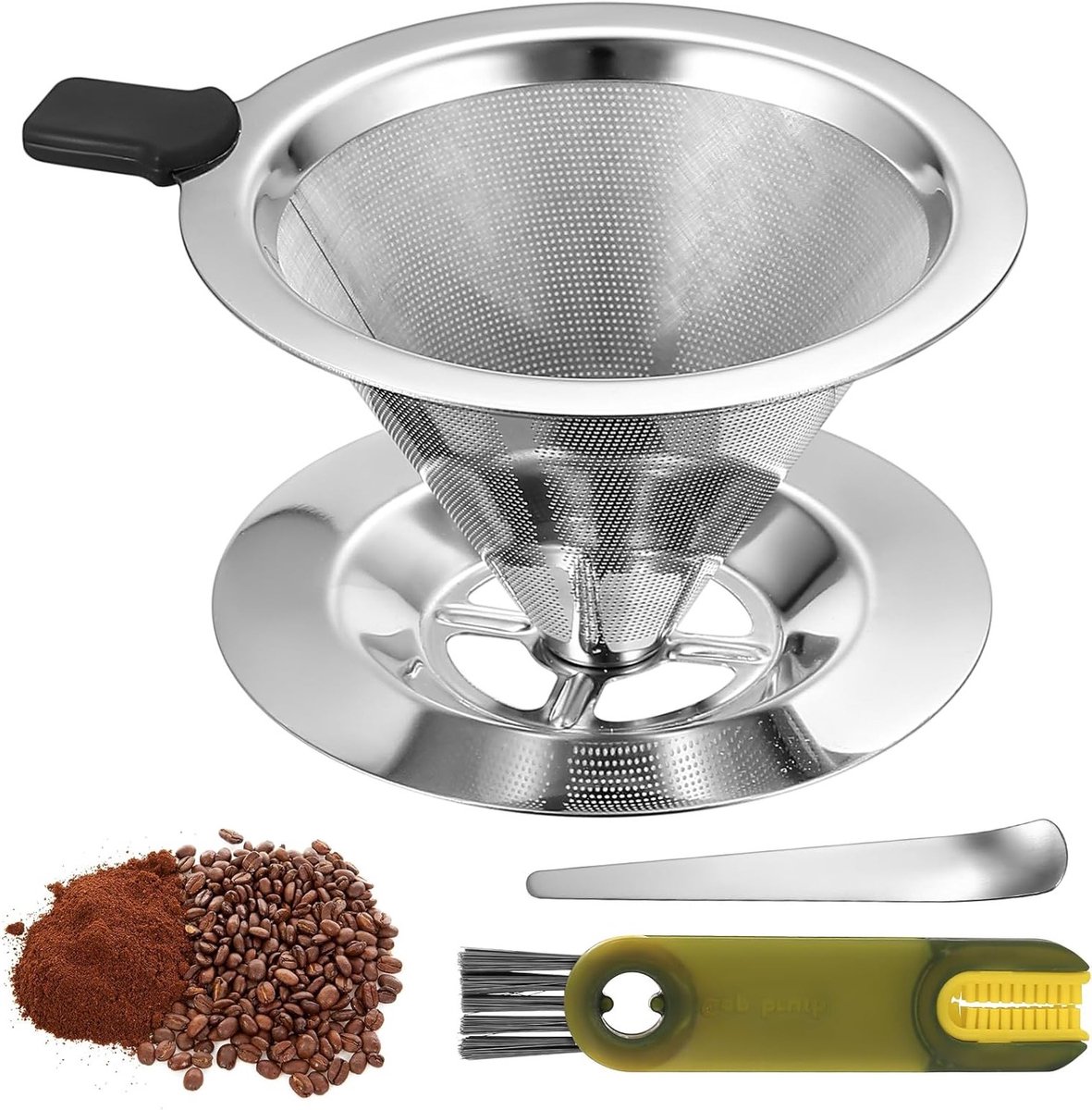 Stainless Steel Koffiedruiper, Herbruikbare Mesh Cone, Paperless Koffiefilters met Borstel en Lepel voor Perfecte Koffieervaring