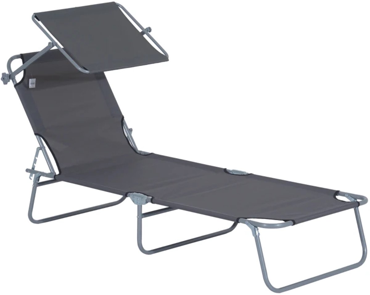Ligbed met Zonnescherm - Opvouwbaar - Ligstoel met 4-Voudig Verstelbare Rugleuning - Tuinstoel - Wellnessstoel - Strandstoel - Campingligstoel - tot 120 kg - Zonnebed - Relaxstoel voor Tuin, Terras, Zwembad & Balkon - Grijs