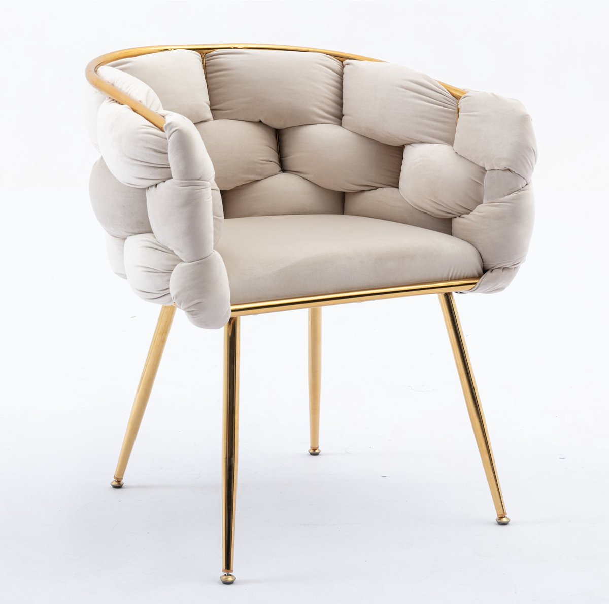 Merax Luxe Fluwelen Fauteuil - Beige Schminkstoel met Goudkleurig Metalen Onderstel - Moderne Stoel voor Woonkamer - Slaapkamer en Kaptafel